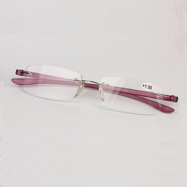 Fashion Rimless Reading Glasses Vintage Portable Eyeglasses Pocket Women Female Purple Frameless Eye Reader With Plastic Case +1.0~+4.0