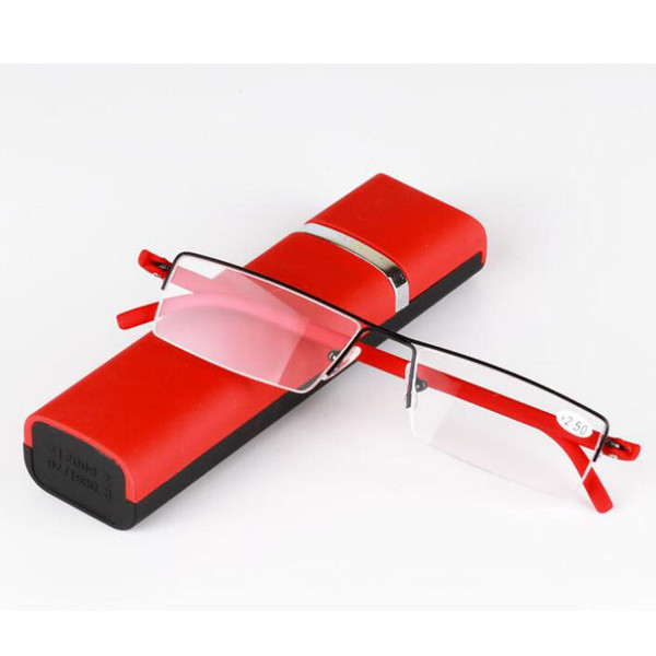 Fashion Half-Rim Reading Glasses TR90 Eyeglasses Women Men Portable Eyewear Case Red Metal Frame Eye Reader +1.0~+4.0