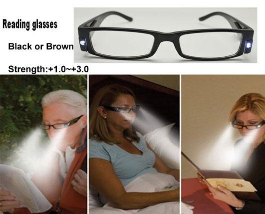 Fashion +1.5 strength black LED Reading Glasses,LED reader eyeglasses,flash light reading glasses