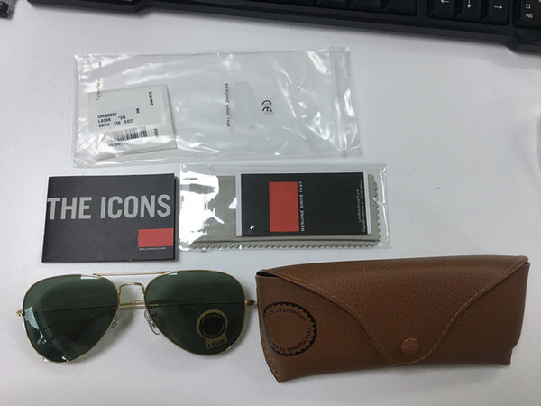 2018 New RB 1pcs High Quality Classic Pilot Sunglasses Designer Brand Sun Glasses Eyewear Gold Metal Green 58mm 62mm Glass Lenses Brown Case