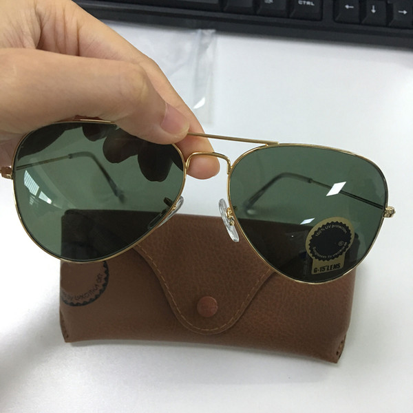 RB 1pcs High Quality Classic Pilot Sunglasses Designer Brand Sun Glasses Eyewear Gold Metal Green 58mm 62mm Glass Lenses Brown Case