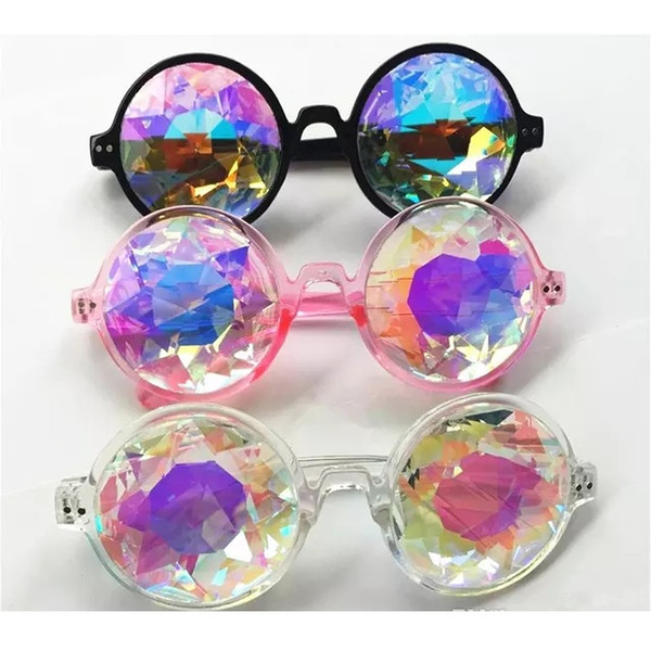 Fashion Geometric Kaleidoscope Glasses Rainbow Rave Lens Bling Bling Prism Crystal Diffraction Sunglasses Black Pink Clear