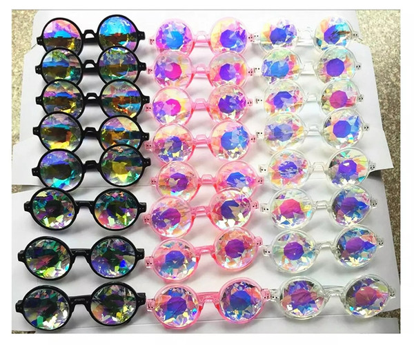 Fashion Geometric Kaleidoscope Glasses Rainbow Rave Lens Bling Bling Prism Crystal Diffraction Sunglasses Black Pink Clear 50pcs