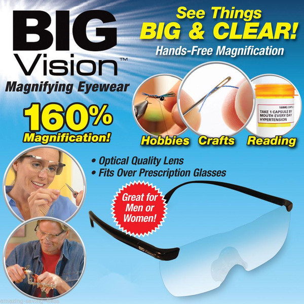 Big Vision Plastic Glasses 160 Degrees Magnifying Glasses Eyewear Makes Everything Bigger and Clearer With Retail Package CCA7538 600lot