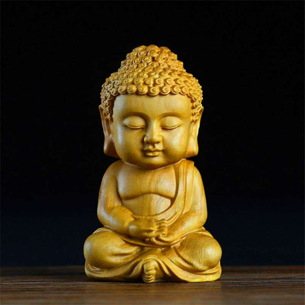 Boxwood Carvings Buddha Statue Sakyamuni Buddha Tea Pets Hand Solid Wood Crafts Decoration Car Accessories