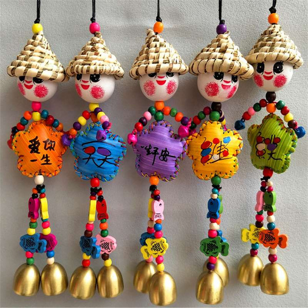 Hot sale explosion models folk style decoration crafts strawhat sachet double bell hanging decorations