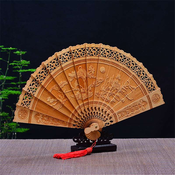 Ya-bai wood carving mandarin duck and water folding fan wedding gift souvenir wooden crafts decoration