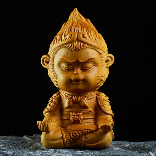 Boxwood carving Qitianda Buddha statue handmade wood crafts creative gift Wukong figure car ornaments