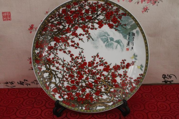 Exquisite Chinese Porcelain Hand Painted Red Plum Flowers Decorative Plate