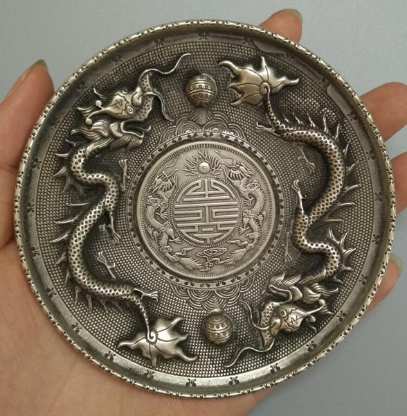 Antique Chinese cupronickel Long Plate 3D Relief Patterns Decorative Plate