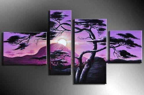 Framed 4 panels African sunset pine Scenery,Pure Hand Painted Modern Wall Decor Landscape Art Oil Painting On Canvas.customized size DHjo