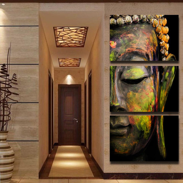 3P Framed Buddha Head,Handpainted Modern Abstract Wall religious Art Painting Canvas For Home Wall Decor Multi sizes Available Free Shipping