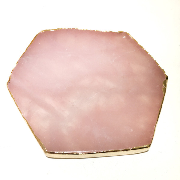 Wholesale 1pcs Natural Rose Quartz Coaster Hexagon Crystal Platter Electroplated Gold Color Jewelry for Cup Mat Display