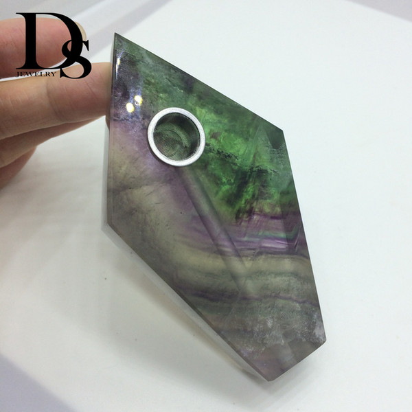 Natural Rainbow Fluorite Smoking pipe Crystal Fluorspar Mothership Tobacco Holder Rhombus Cigarette Accessories Stainless Steel Bowl Filter