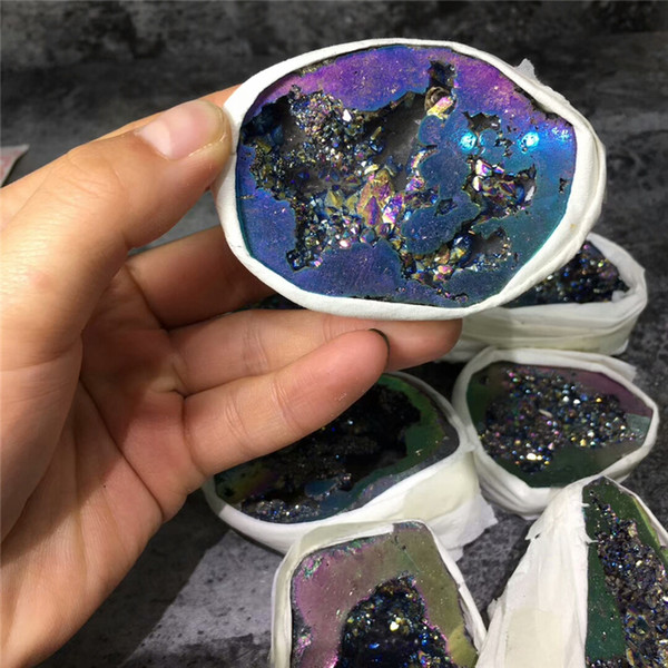 DHX SW top quality rainbow titanium coated geode cornucopia rock shiny electroplating geode reiki healing quartz crystal stone