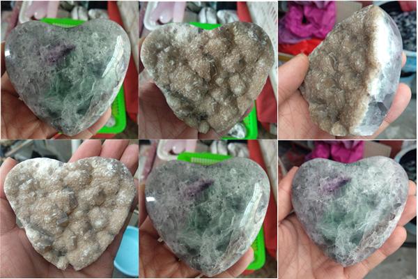 DHX SW large natural colorful fluorite heart mineral specimen one surface polished another raw gemstone reiki healing crystal