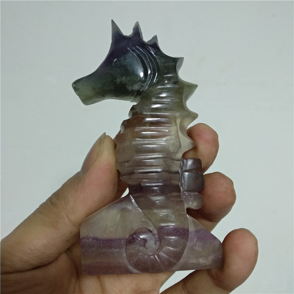 DHX SW natural crystal carving animals sea horse healing stones seven-color fluorite rainbow fluorite raw stone hand carved hippocampus