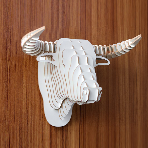 Yjbetter DIY 3D Wooden Animal bull/Cow Head Assembly Puzzle Art Model Kit Toy Home Decoration,wooden wall hanging decorations White color