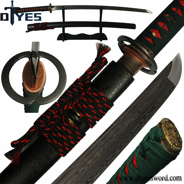 DTYES Beautiful Japanese Samurai Katana Sword Hand Forged Full Tang Bo-Hi Damascus Folded Steel Blade Sharp Battle Ready