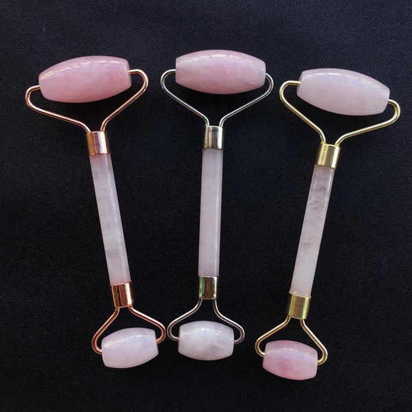 Natural Tumbled Chakra Rose Quartz Carved Reiki Crystal Healing Gua Sha Beauty Roller Facial Massor Stick with Alloy Gold-Plated with box