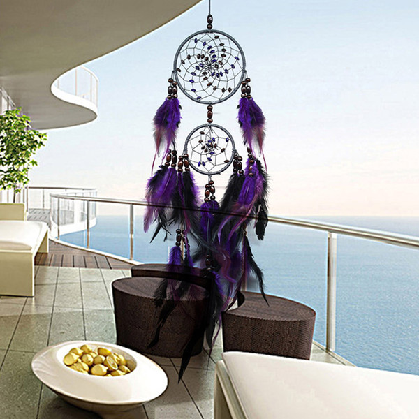 Feather Crafts Purple Dream Catcher Wind Chimes Handmade Dreamcatcher Net With Feather Beads for Wall Hanging Car Home Decor