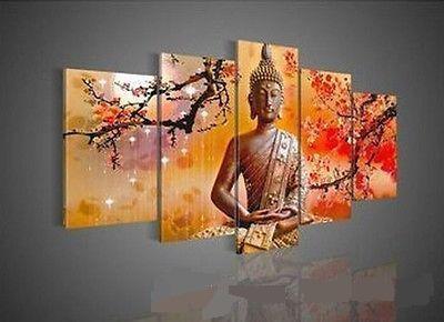 Framed 5 Panel Wall Art Religion Buddha,Pure Hand Painted Modern Wall Decor Landscape Art Oil Painting On Canvas.Multi size Available DHworl