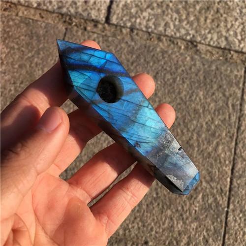 Wholesale pure natural grey moonstone flash stone pull feldspar hand-sanded hexagon geometric shape of smoke pipe fashion simple