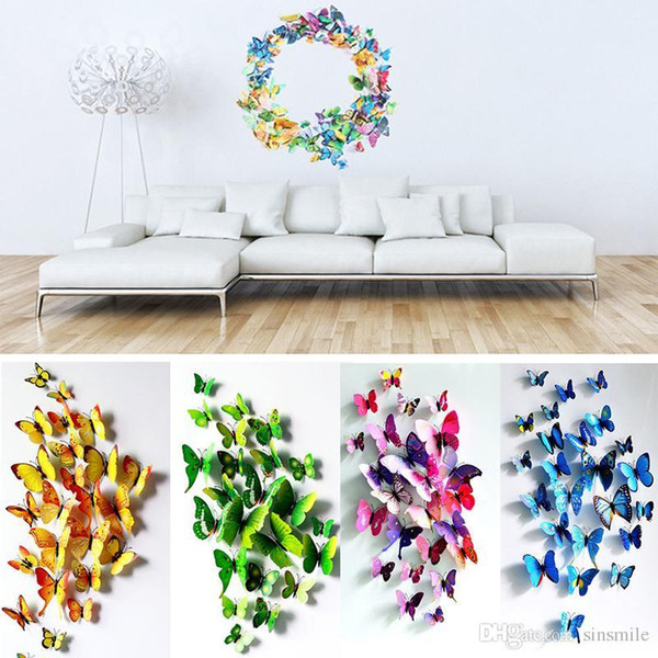 Wholesale- 12Pcs/lot 3D PVC Wall Stickers Fridge Magnet Butterflies DIY Wall Sticker Home Decor Kids Rooms Wall Decoration #85497