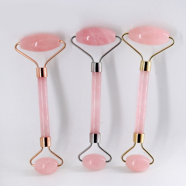 Natural Tumbled Chakra Rose Quartz Carved Reiki Crystal Healing Gua Sha Beauty Roller Facial Massor Stick with Alloy Gold-Plated