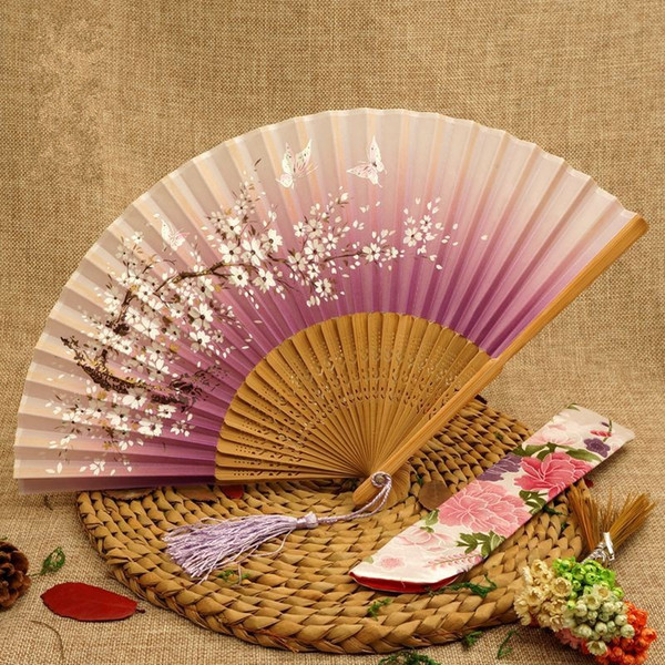 Women Folding Fans Smile Cherry Blossoms Process Bamboo Hand Fan Manual Carve Silk Tabletop Decor Arts And Crafts 4 5sg gg