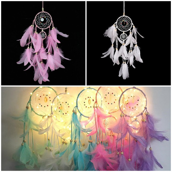 Lighting Dream catcher hanging LED lamp Feather Crafts Wind Chimes Girl Bedroom Romantic Hanging Decoration Valentine's Day Gift