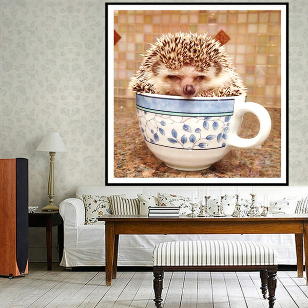 5D diamond painting kit animal coffee cup hedgehog cute home wall hanging kit without frame multiple sizes available