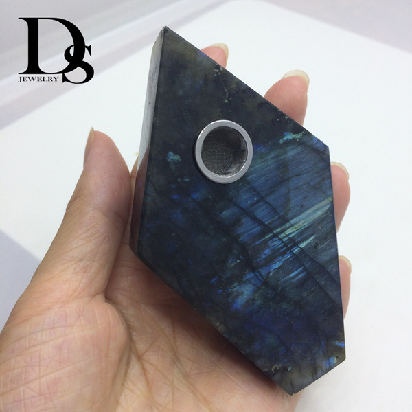 Natural Labradorite Smoking pipe Crystal Quartz Mothership Tobacco Holder Rhombus Moonstone Cigarette Accessory Stainless Steel Filter