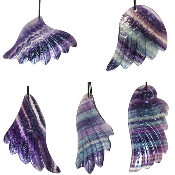 95mm Natural Rainbow Fluorite Wing Pendant Crystal Angel Quartz Feather Necklace with Free Rope For Women Charm Fashion Jewelry