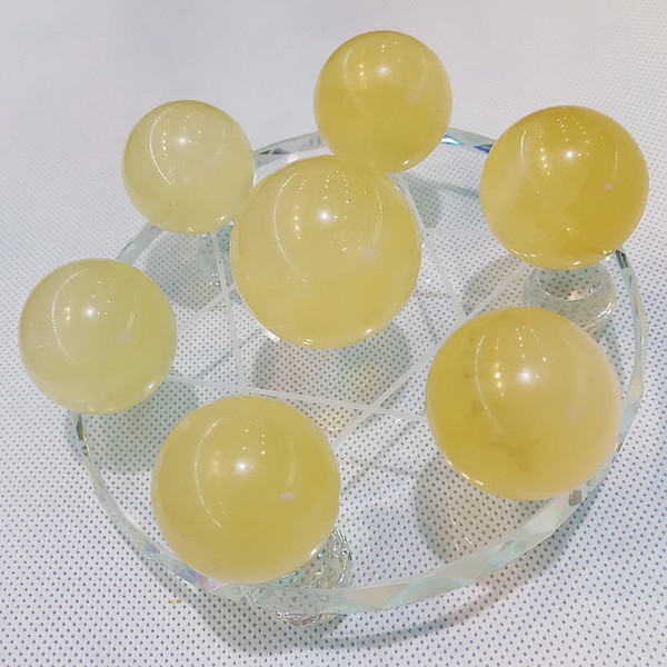 Iceland Spar Crystal ball seven star array plate group yellow calcite sphere stand Healing natural Mineral healing reiki fengshui