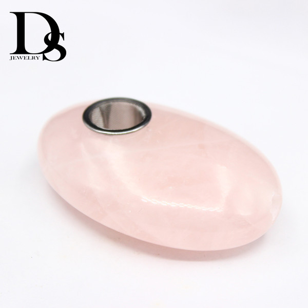 Natural Rose Quartz Smoking pipe Oval Crystal Tumbled Palm Worry Stones Tobacco Cigarette Holder Accessories Stainless Steel Bowl Filter