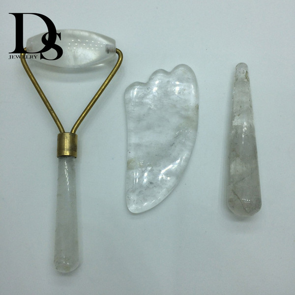 Natural Crystal Facial Roller Jade Stick Clear Quartz Massager Skincare GuaSha Massage Tool Wrinkle Removal Stick with Alloy Silver-Plated