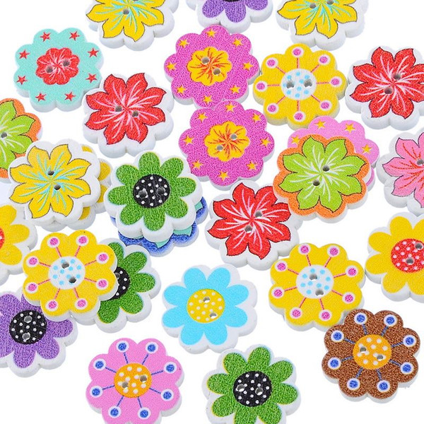 50PCs Wholesale Natural Wooden Buttons Colorful Mixed Flowers Wave Edge Scrapbook Sewing Accessories DIY Craft 2 Holes 20x19mm