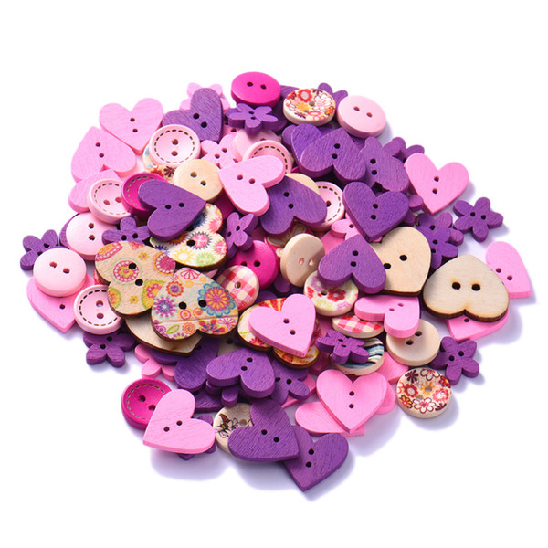 100Pcs Mixed 2-Hole DIY Wooden Buttons Pink/Coffee/Blue Heart Pattern Decorative Buttons Fit Sewing Scrapbooking Craft