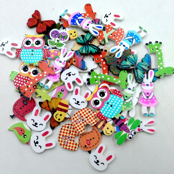 50pcs/lot Animal Buttons Assorted Random Mix Pattern Cartoon Wood Sewing Buttons Scrapbooking Wholesale