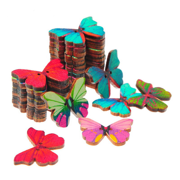 50pcs 2 hole mixed color retro vintage handmade cartoon butterfly wooden craft sewing buttons DIY handmade decorative buttons