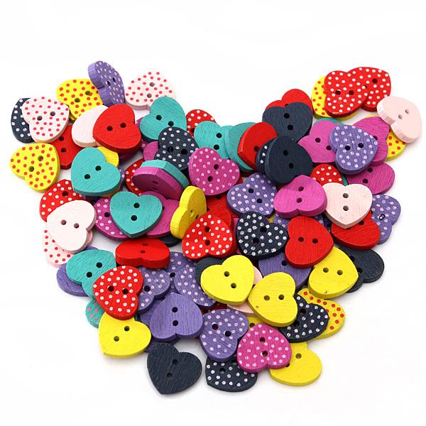 100 Pcs 15mm Mixed Polka Dot Heart Wood Wooden Sewing Buttons Craft Scrapbooking