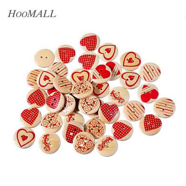 50PCs 20mm Heart Wooden Buttons Mixed Heart Pattern Decorative Buttons 2-Holes Fit Sewing Scrapbooking Craft DIY