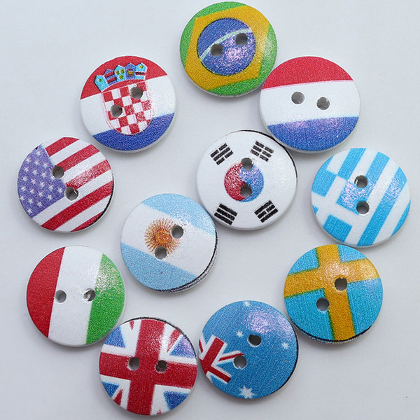 New Nature Wooden Button 200PCs 2 Holes Sewing Baby Buttons National Flag 15mmx15mm