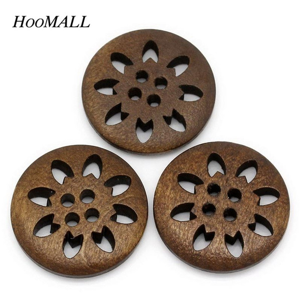 25PCs 25mm Wooden Buttons Sewing Snowflake Carved 4 Holes Brown Scrapbooking