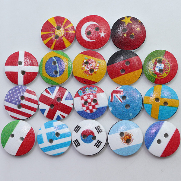 Wholesale Bulk Mixed National Flag Wood Button 2 Holes Sewing Accessories Decorative Buttons Scrapbooking Handmade Craft DIY