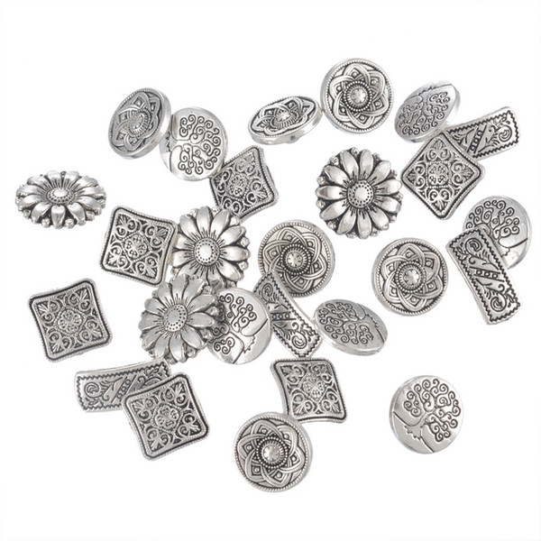 50PCs Mixed Antique Silver Tone Metal Buttons Scrapbooking Shank Buttons Handmade Sewing Accessories Crafts DIY Supplies