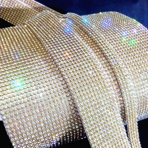 gold plating10 rows hot fix3mmrhinestone trimming,rhinestone mesh banding with glue,10rows*1.2meters/pcs,3mm rhinestones