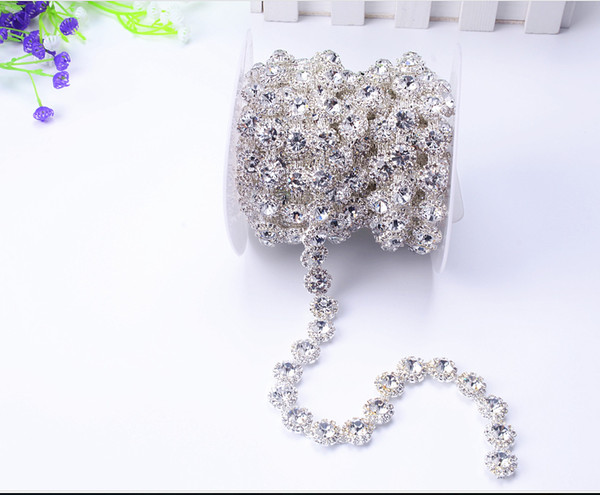 Free shippment new 1yards/lot clear strass crystal rhinestone 1cm width silver tone round chain fancy costume applique trim sewing