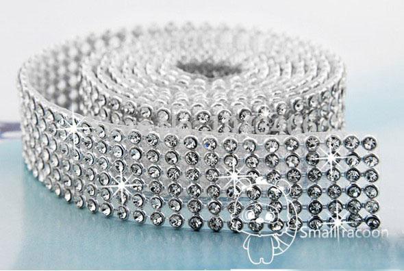 Free Shipping 6 Rows Iron on Rhinestone Mesh Trim Crystal in Silver Base with Back Glue for Bridal Dress,Cake,Wine and Wedding